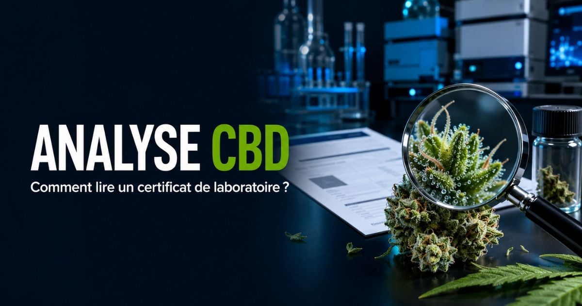 Analyse CBD en laboratoire avec certificat, fleur de chanvre et loupe permettant d’observer les trichomes.
