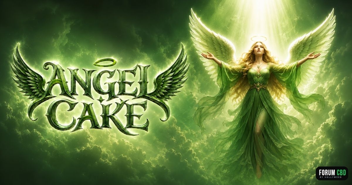 Photo de couverture Angel Cake fleur indoor avec univers céleste vert, ange lumineux et logo premium Angel Cake