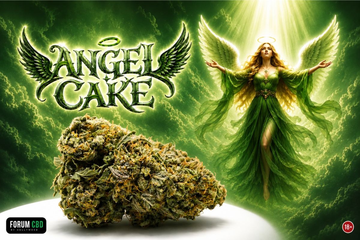 Visuel Angel Cake Indoor Hollyweed avec fleur CBD française, univers céleste vert et revue de dégustation Forum CBD by Hollyweed
