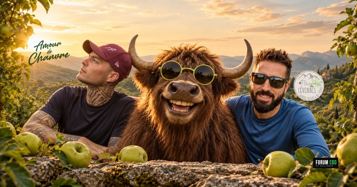 Deux hommes aux côtés d’un yak portant des lunettes, dans un verger de pommiers, pour la revue de l’Apple Yak Indoor de Fleur des Cévennes.