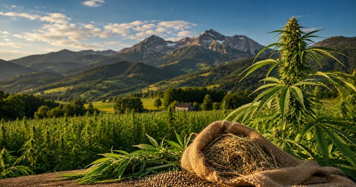 Plant de chanvre cultivé en Auvergne-Rhône-Alpes face à un paysage de montagnes et de vallées agricoles, illustration du terroir et du CBD local français.