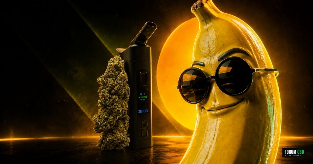 Visuel de la Banana Capione CBD Indoor d’Oncle Ben avec une fleur, un vaporisateur et un personnage banane