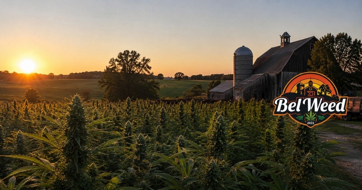 Cover de l'interview de Bel'Weed, chanvrier français installé à Domptin dans l'Aisne, montrant un champ de chanvre au coucher du soleil avec une ferme en arrière-plan et le logo Bel'Weed.