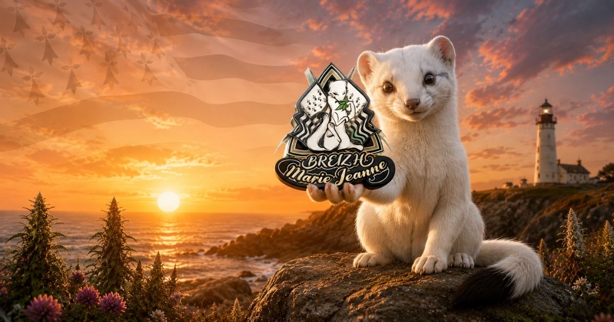 Hermine blanche tenant le logo Breizh Marie Jeanne face à la mer au coucher du soleil, avec phare breton et drapeau breton en filigrane, visuel de couverture pour revue fleur CBD française.