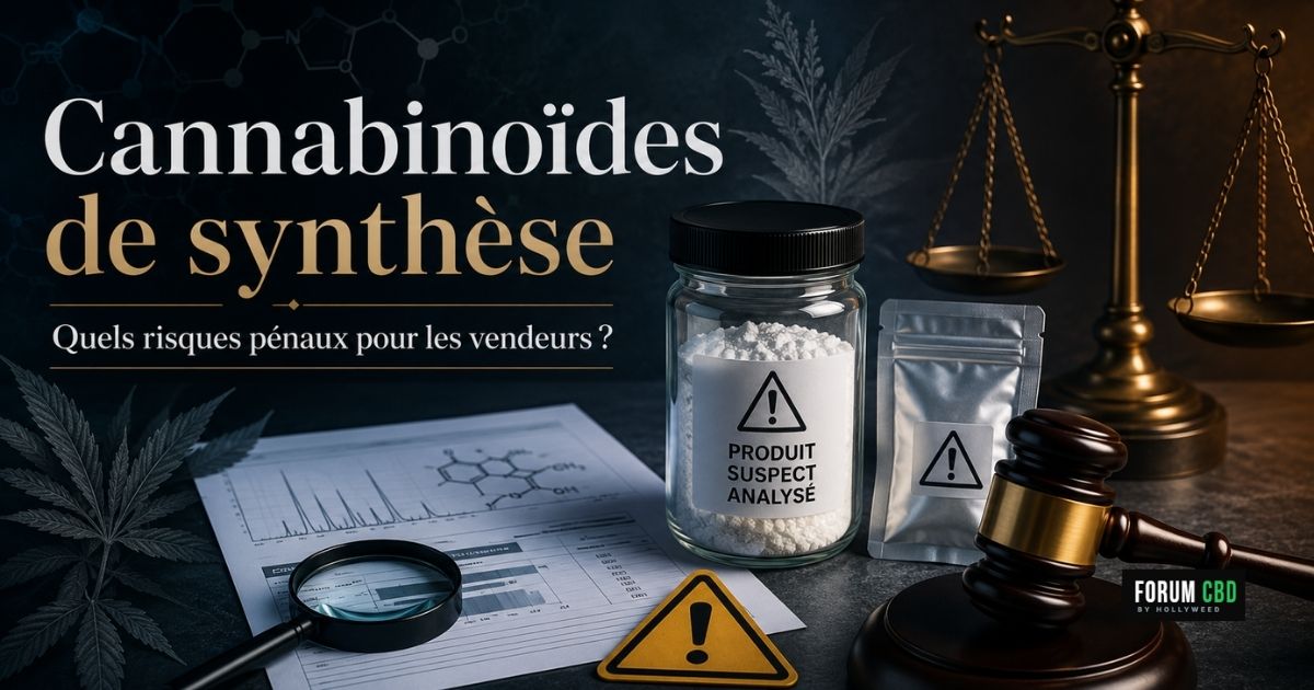 Cover illustrant les risques pénaux liés à la vente de cannabinoïdes de synthèse, avec analyses de laboratoire, symbole d’alerte, balance de justice et marteau de juge.