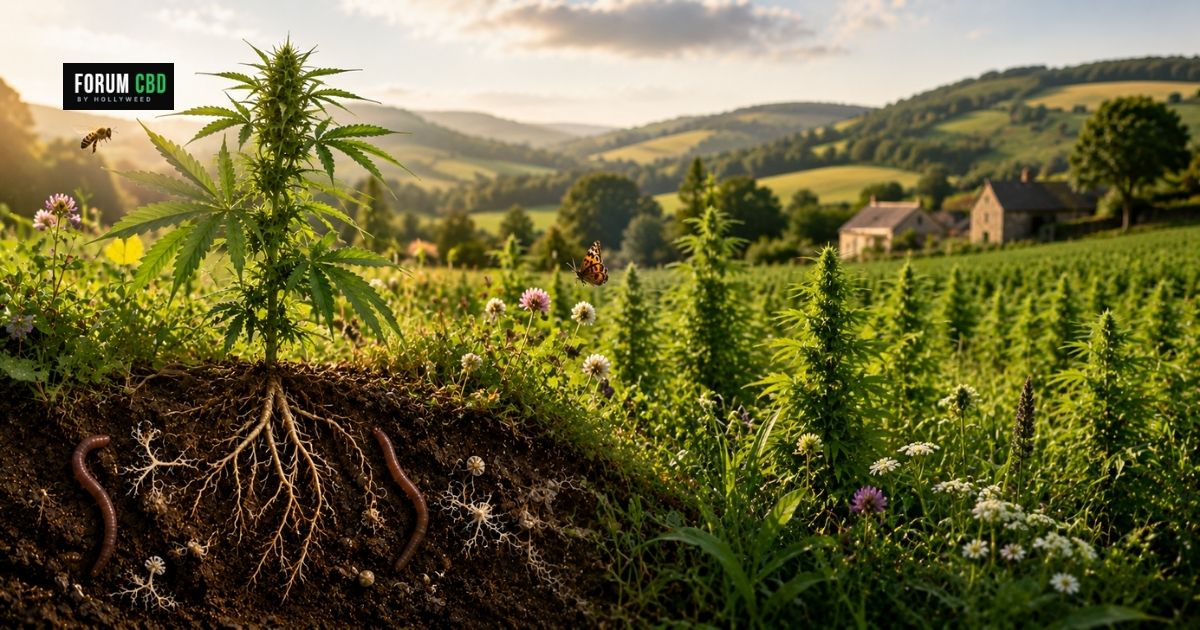 Illustration d’une ferme agroécologique de chanvre CBD avec sol vivant, racines visibles, biodiversité et paysage rural pour illustrer les pratiques durables du chanvre.
