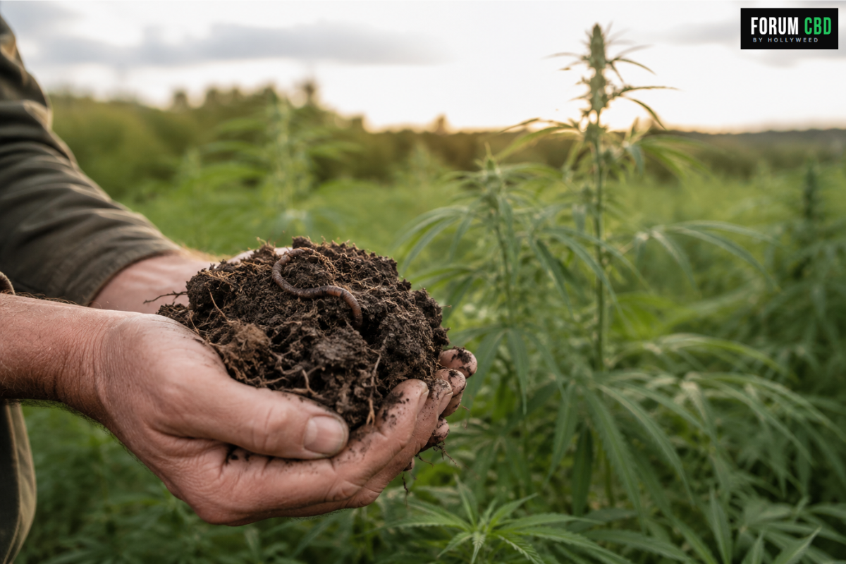 Main tenant une motte de sol vivant avec racines et ver de terre devant une culture de chanvre CBD illustrant l’agroécologie et la biodiversité des sols