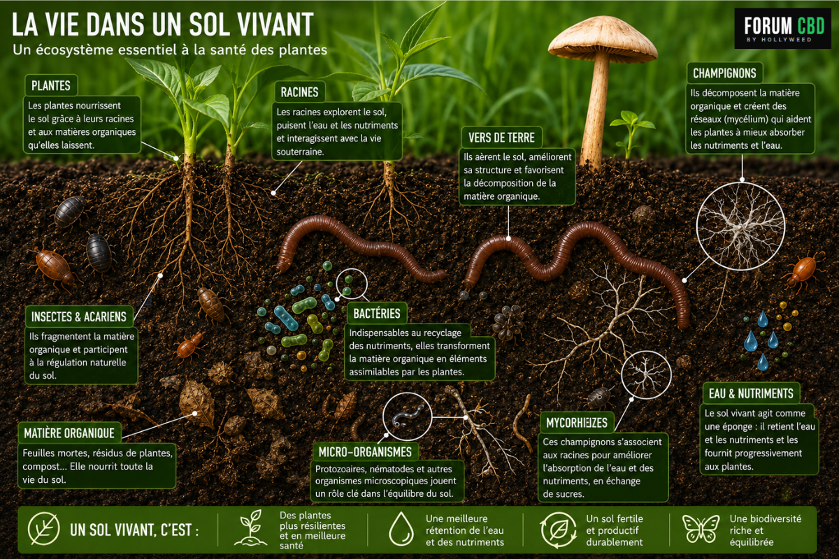 Illustration pédagogique d’un sol vivant montrant les racines, vers de terre, micro-organismes et champignons dans un écosystème souterrain lié à la culture du chanvre