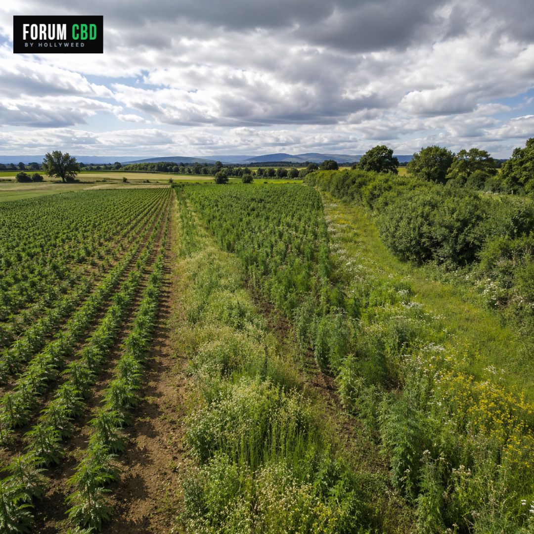 Paysage agricole illustrant différentes approches de culture du chanvre CBD avec parcelle structurée, biodiversité végétale et haies naturelles