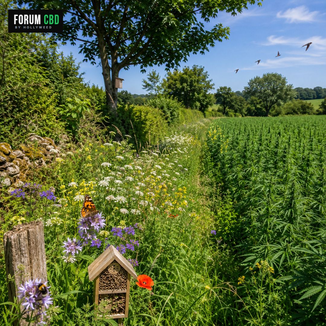 Culture de chanvre CBD entourée de haies naturelles, fleurs sauvages et biodiversité favorisant les insectes auxiliaires dans une démarche agroécologique
