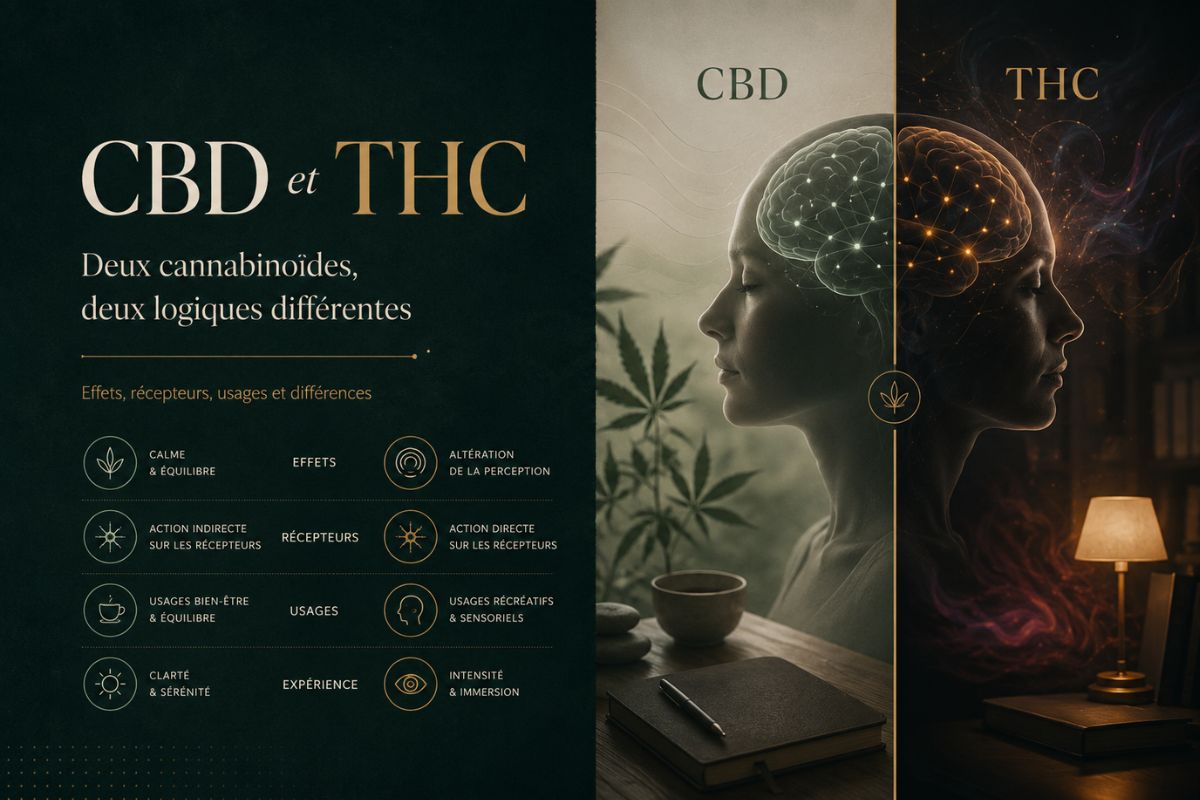 Visuel magazine comparant le CBD et le THC, deux cannabinoïdes aux effets différents, avec une illustration des récepteurs, des usages et de l’impact sur la perception