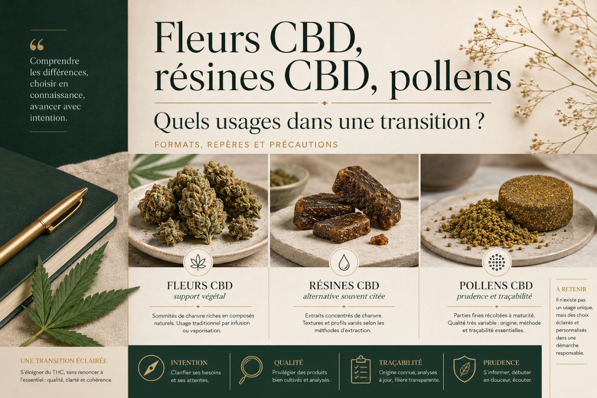 Visuel magazine présentant les fleurs CBD, résines CBD et pollens CBD dans une démarche de transition, avec un focus sur les usages, la traçabilité et la prudence