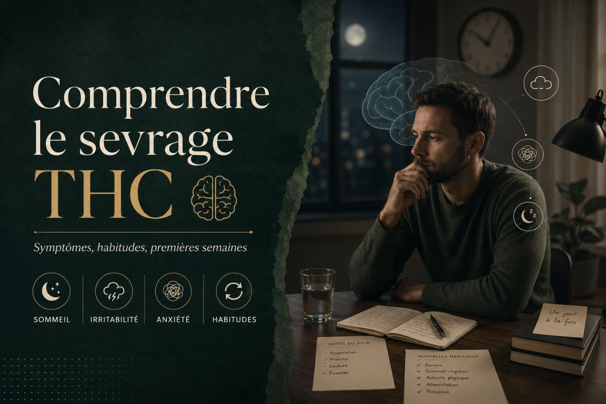 Visuel magazine sur le sevrage THC, illustrant les symptômes possibles, les habitudes de consommation et les premières semaines d’arrêt du cannabis