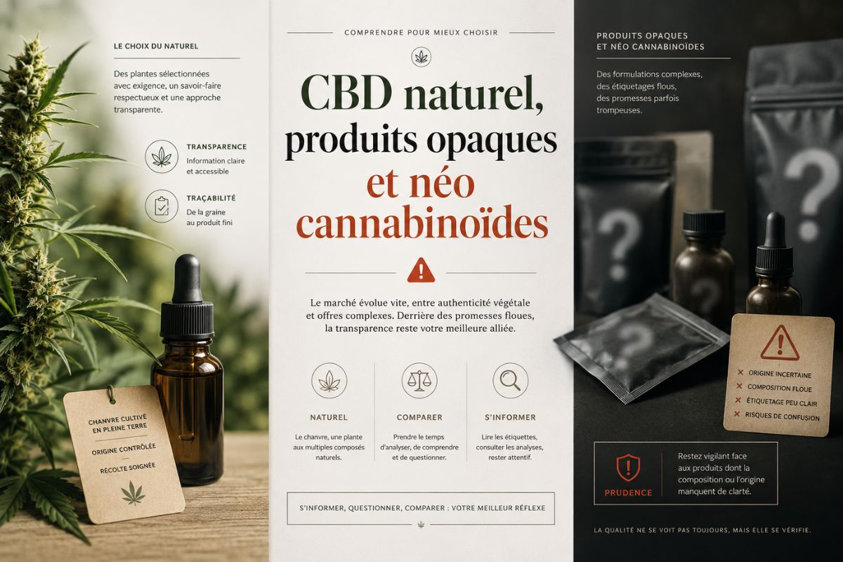 Visuel magazine sur le CBD naturel, les produits opaques et les néo cannabinoïdes, mettant en avant la transparence, la traçabilité et la prudence face aux produits aux compositions floues