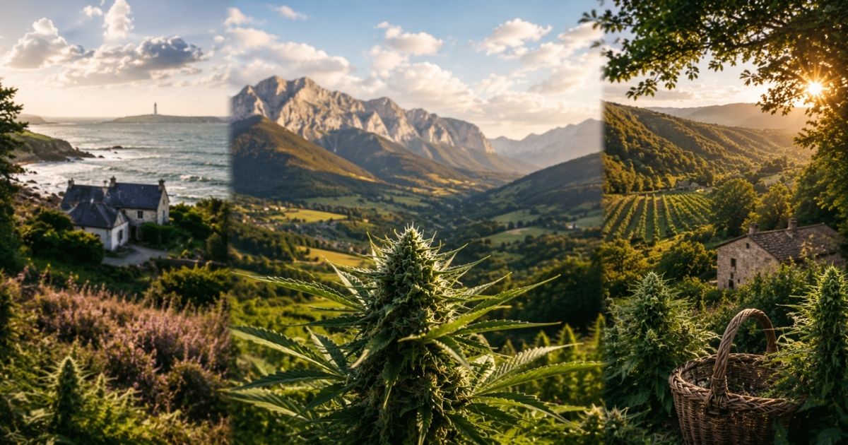 Paysages des terroirs français mêlant Bretagne, montagnes du Vercors et campagne du sud de la France avec des plants de chanvre CBD outdoor au coucher du soleil.