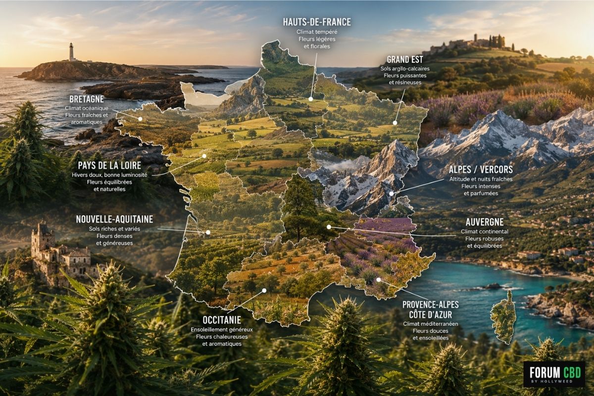 Carte des terroirs du CBD français illustrant différentes régions de France avec paysages naturels et cultures de chanvre outdoor sous diverses influences climatiques.