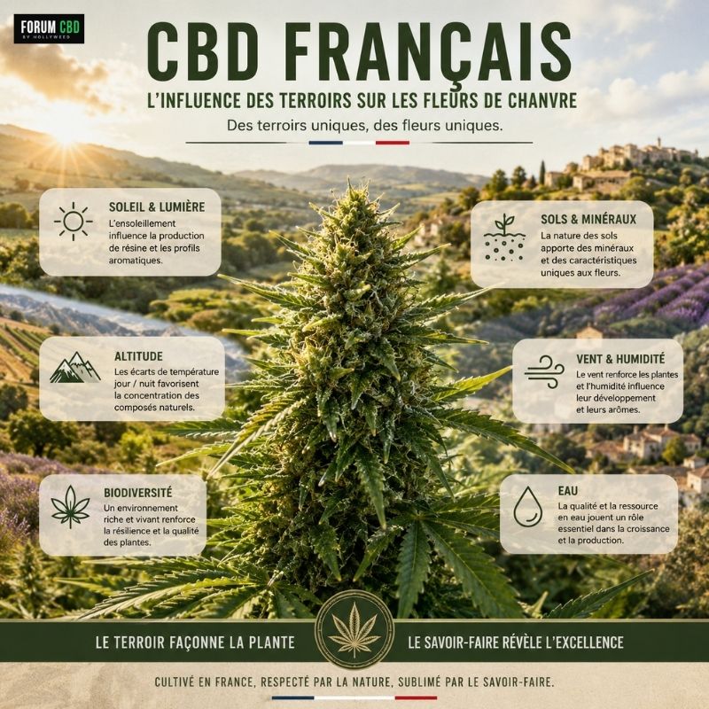 Illustration des facteurs influençant les terroirs du CBD français avec culture de chanvre outdoor, soleil, sols, altitude, humidité et biodiversité.