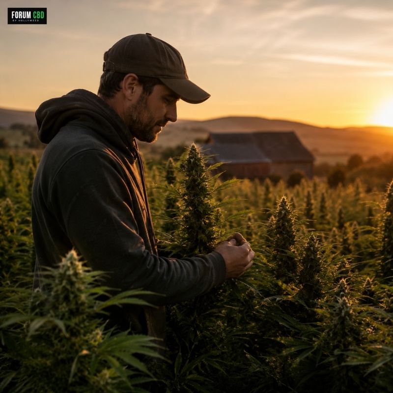 Producteur français observant une culture de chanvre CBD outdoor au coucher du soleil dans un environnement rural naturel.