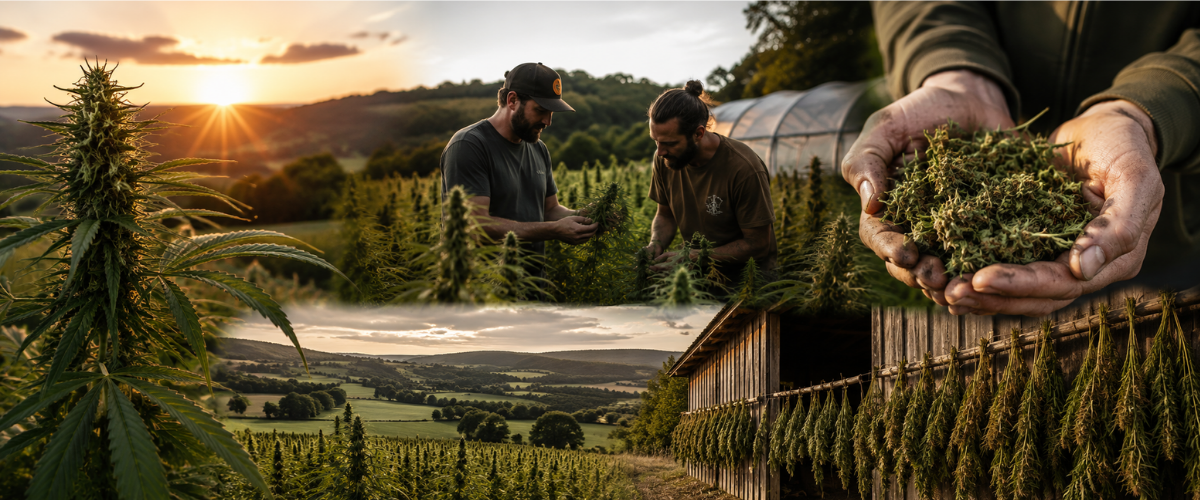 Producteurs français travaillant une culture de chanvre CBD outdoor au coucher du soleil avec séchage artisanal et environnement rural naturel.