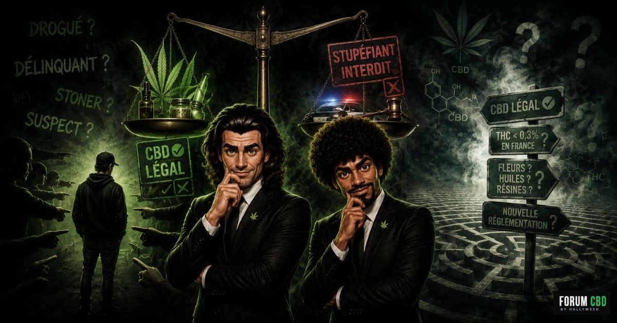 Illustration symbolique sur la stigmatisation du CBD légal montrant deux personnages en costume au centre, entourés d’éléments évoquant la confusion législative, l’amalgame avec les stupéfiants, une b