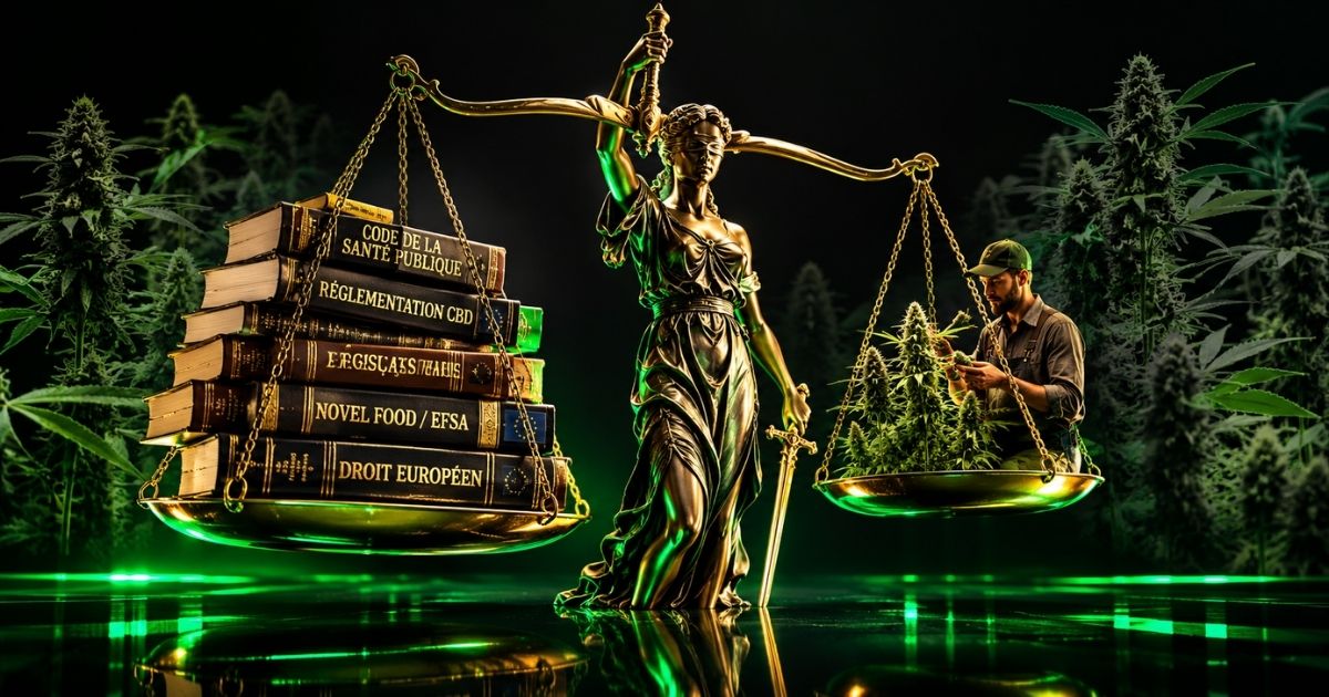 Illustration de la législation du CBD en France avec la balance de la justice opposant des livres de lois françaises et européennes à un plant de chanvre CBD sur fond sombre aux reflets verts.