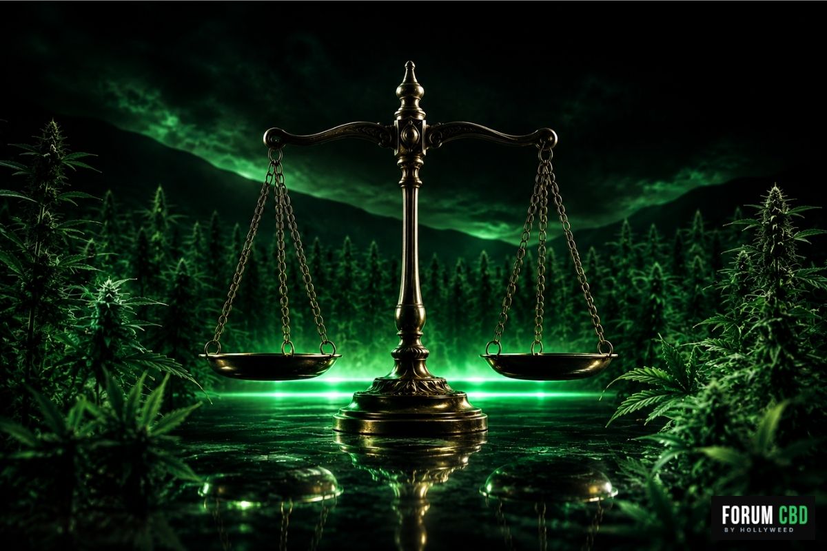 Balance de justice au milieu d’un champ de chanvre CBD sombre avec ambiance verte néon illustrant la législation française du CBD et les enjeux juridiques autour du cannabis bien-être.