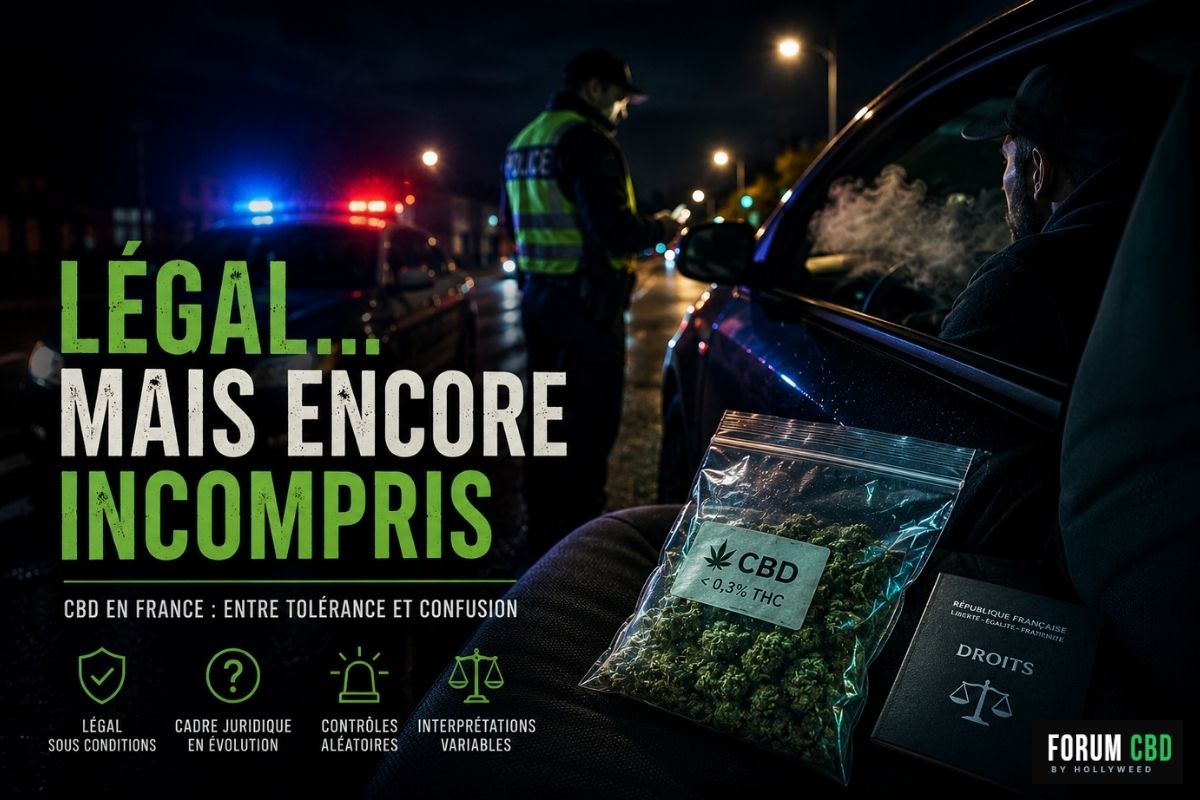 Contrôle routier nocturne illustrant le flou autour de la législation du CBD en France avec gyrophares, consommateur de chanvre et réglementation liée au THC