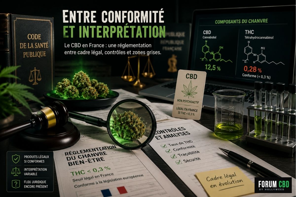 Documents juridiques, analyses de laboratoire et fleurs de CBD illustrant la réglementation française du cannabidiol, les contrôles THC et les enjeux de conformité en France.
