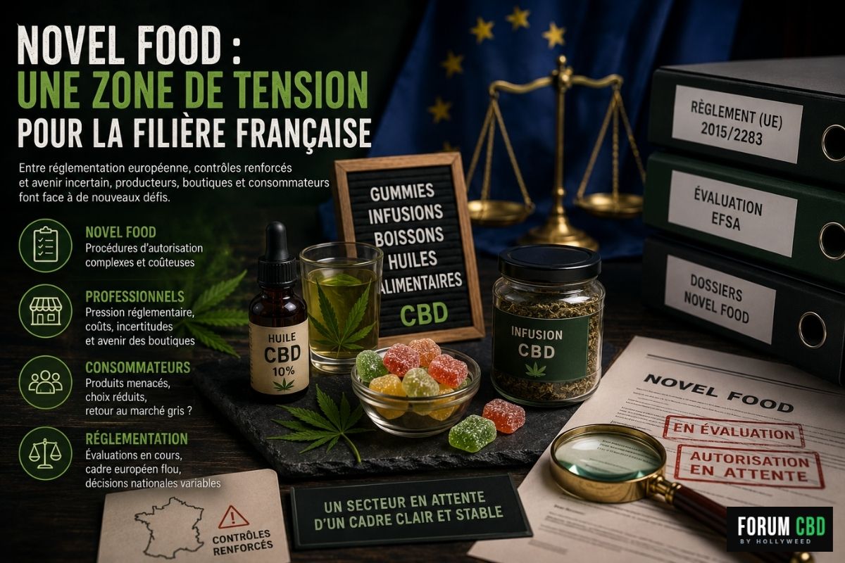 Produits alimentaires au CBD comme gummies, huiles et infusions illustrant les tensions autour du Novel Food, de la réglementation européenne et de l’avenir du marché du cannabidiol en France.