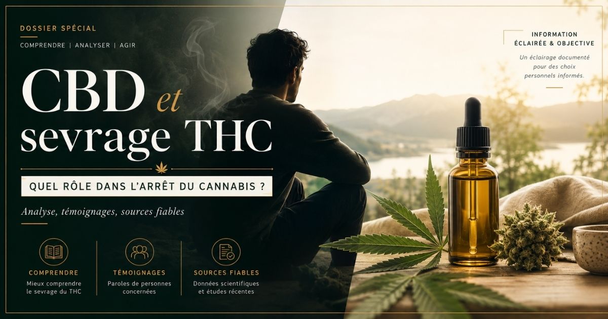 Visuel magazine illustrant le rôle possible du CBD dans le sevrage du THC et l’arrêt du cannabis, avec une ambiance sobre, informative et sans promesse médicale.