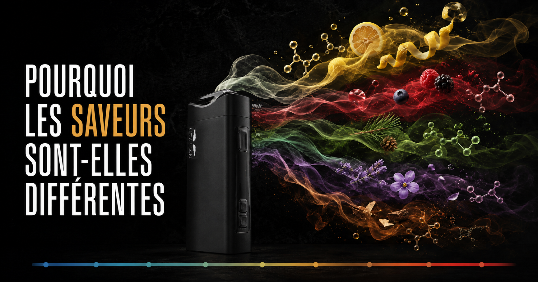 Vaporisateur Utillian 850 diffusant différentes familles aromatiques pour illustrer la variation des saveurs selon la température.