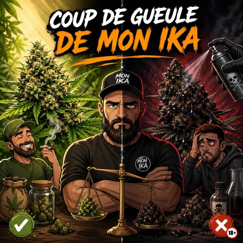 Visuel coup de gueule montrant la différence entre CBD naturel et fleurs traitées aux néocannabinoïdes