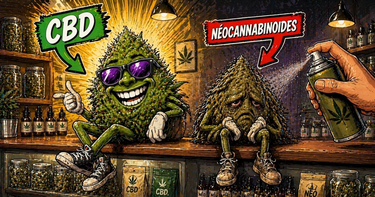 Illustration comparant une fleur de CBD naturelle et une fleur traitée aux néocannabinoïdes avec spray en boutique CBD