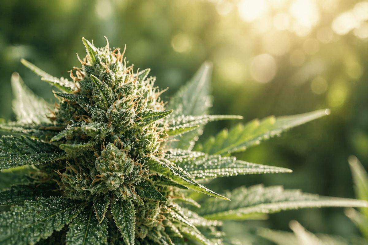 loupe au dessus dune fleur de cbd montrant les trichomes illustration analyse cbdv cannabidivarine