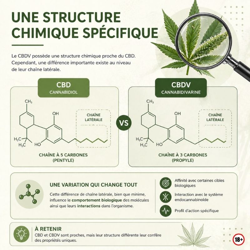 comparaison structure chimique cbd et cbdv chaine laterale 5 carbones vs 3 carbones illustration cannabinoides