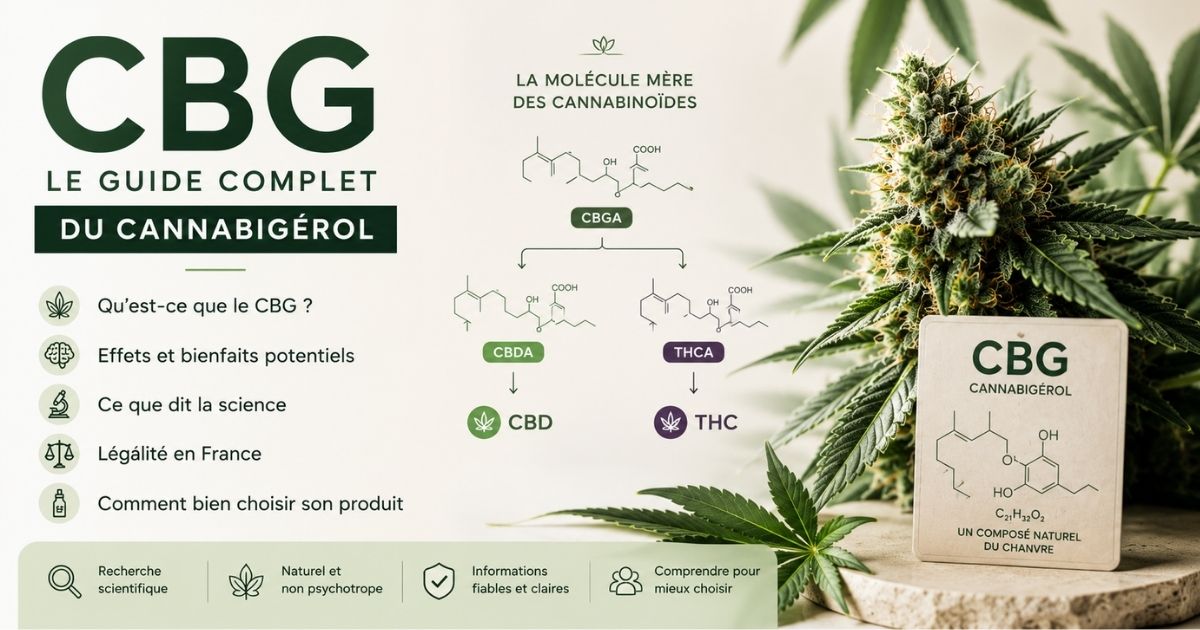Illustration du guide complet sur le CBG (cannabigérol), présentant le cannabinoïde mère du chanvre, sa transformation en CBD et THC ainsi qu'une infographie pédagogique sur ses caractéristiques et le