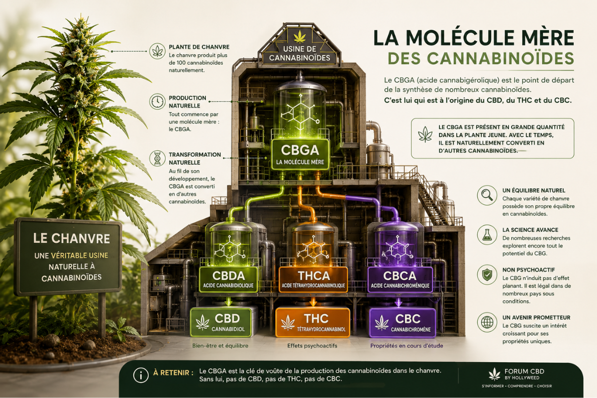 Illustration pédagogique montrant le rôle du CBGA, surnommé molécule mère des cannabinoïdes, dans la formation naturelle du CBD, du THC et du CBC au sein de la plante de chanvre