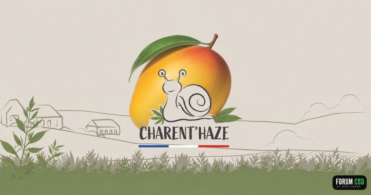 Visuel illustrant Green Mango de Charent'Haze avec l'escargot emblématique de la marque dans un paysage de campagne française, utilisé pour la présentation du producteur sur Forum CBD by Hollyweed.