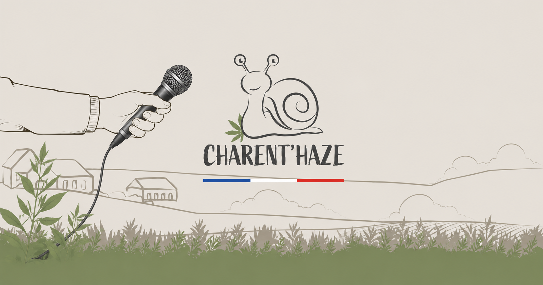 Visuel cover du questionnaire Charent’Haze avec le logo escargot de la marque au centre, décor de campagne charentaise illustré et une main tenant un micro tendu vers Charent’Haze pour une interview a