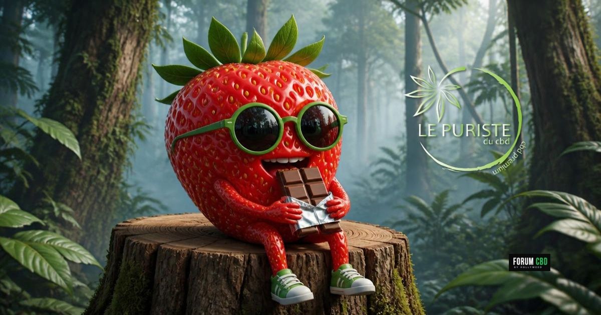 Une fraise des bois assise sur un tronc d'arbre mangeant du chocolat au milieu d'une forêt