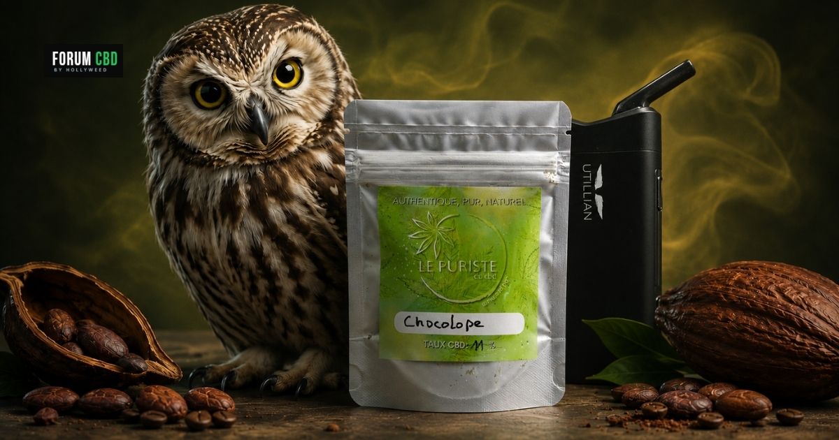 Pochon de Chocolope CBD outdoor vendu par Le Puriste du CBD, présenté avec un hibou et un vaporisateur Utillian 850 sur un fond vert et jaune.