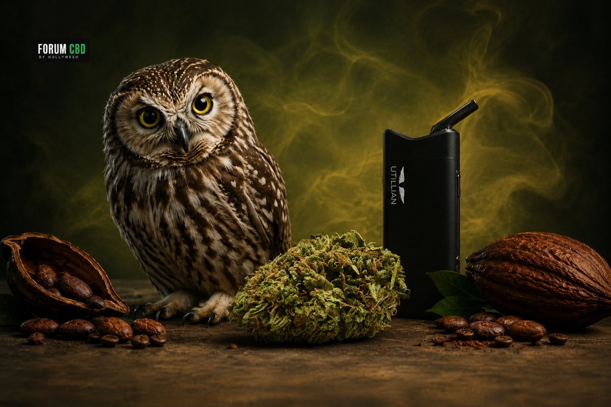 Fleur Chocolope CBD outdoor vendue par Le Puriste du CBD, présentée avec un hibou et un vaporisateur Utillian 850 sur un fond vert citronné.