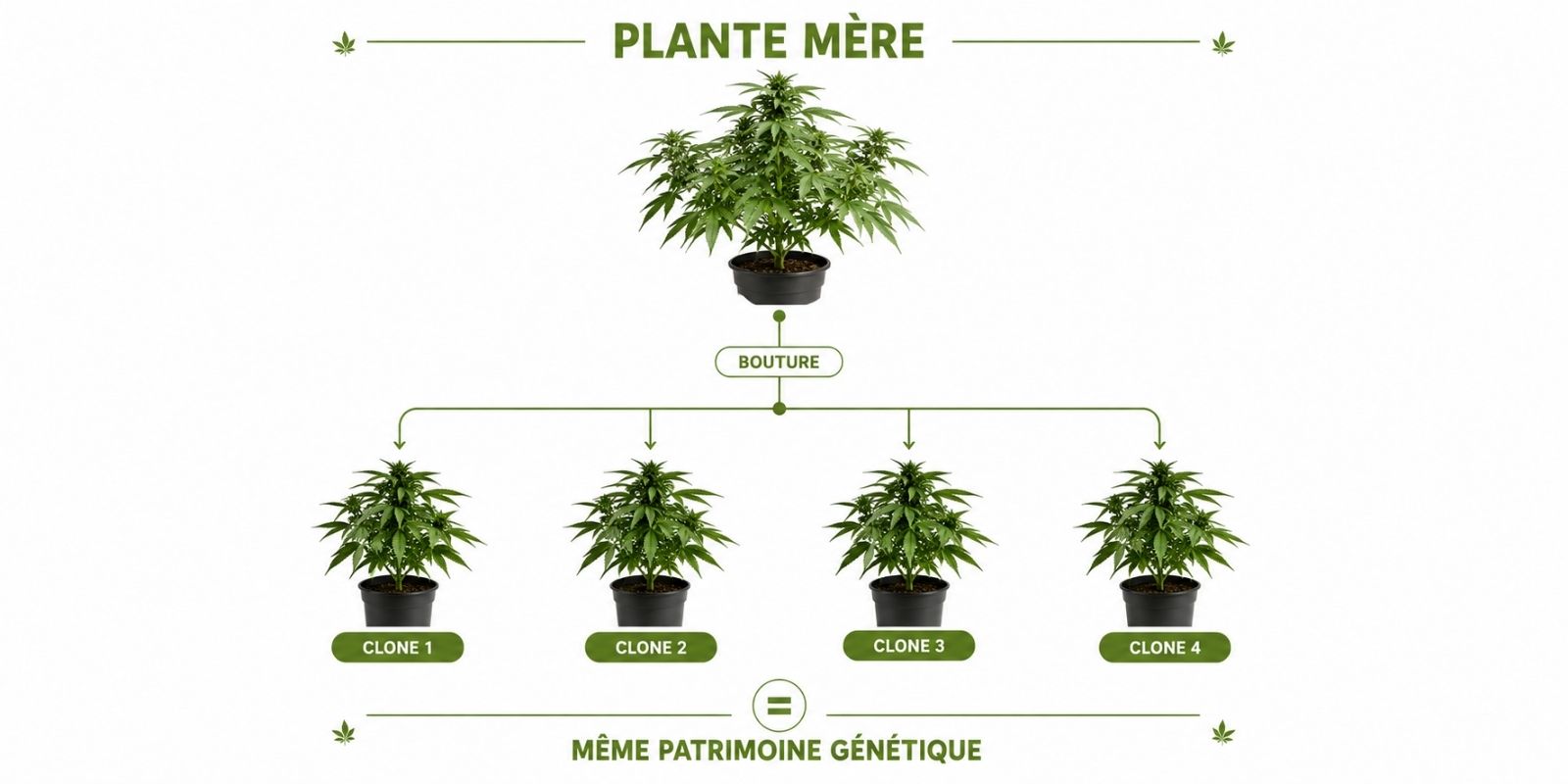 Schéma pédagogique illustrant la reproduction d'une variété de fleurs de CBD à partir d'une plante mère, montrant la création de plusieurs clones génétiquement identiques conservant le même patrimoine génétique