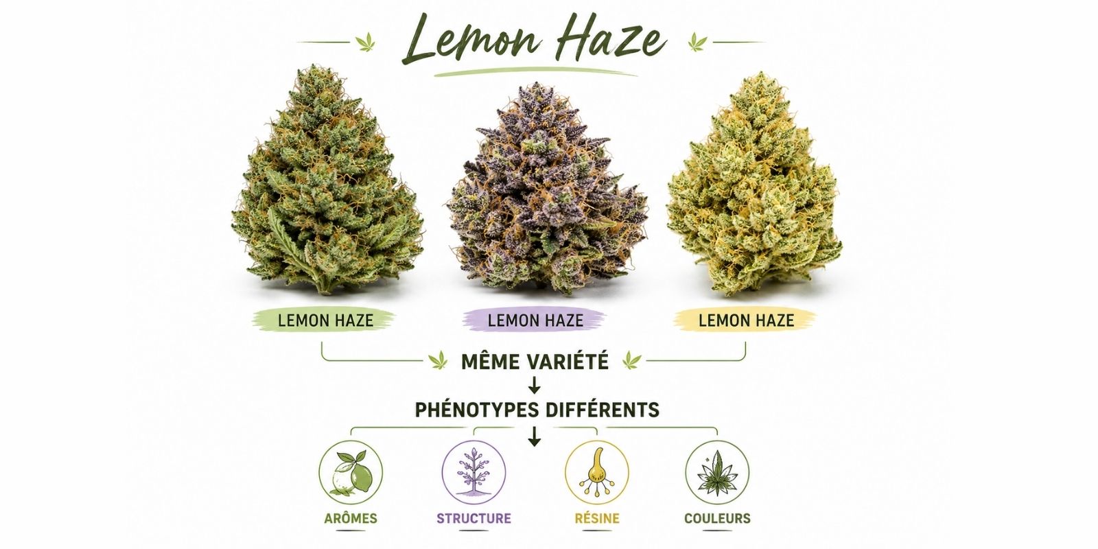 Infographie comparant trois fleurs de CBD Lemon Haze présentant des phénotypes différents, illustrant les variations possibles de couleur, de structure, de résine et de profil aromatique au sein d'une même variété