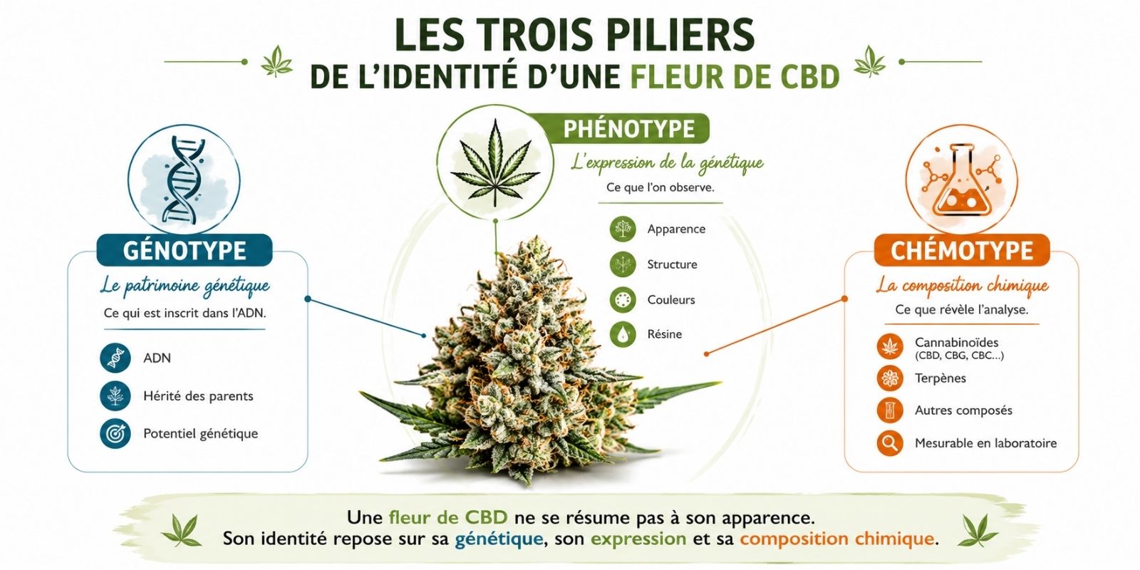 Infographie présentant les trois piliers de l'identité d'une fleur de CBD : le génotype, le phénotype et le chémotype, avec une illustration expliquant le patrimoine génétique, l'expression visible de la plante et sa composition en cannabinoïdes et terpènes