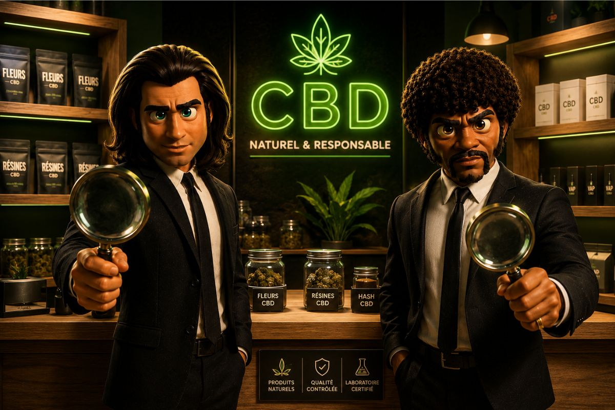 Illustration de deux enquêteurs dans une boutique de CBD analysant fleurs et résines devant un comptoir pour un dossier sur la sécurité consommateur et l’achat de CBD.