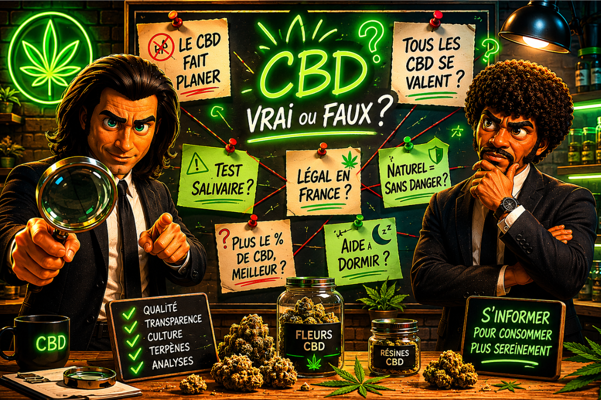 Illustration style enquête sur le CBD avec deux personnages devant un tableau d’idées reçues, fleurs CBD et ambiance verte néon pour illustrer un dossier “Vrai ou Faux du CBD”.