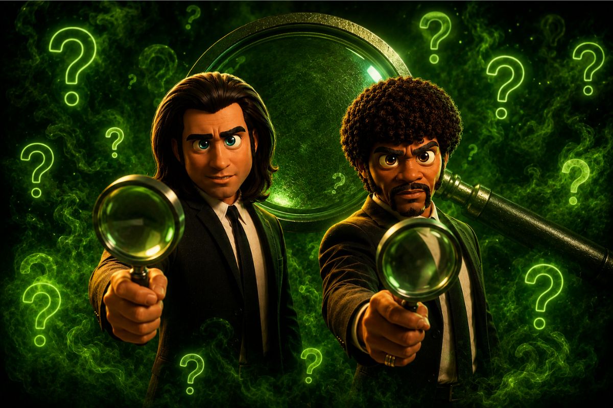 Illustration style enquête autour du CBD avec deux personnages tenant des loupes, fumée verte et points d’interrogation en arrière-plan pour illustrer un dossier “Vrai ou Faux du CBD”.