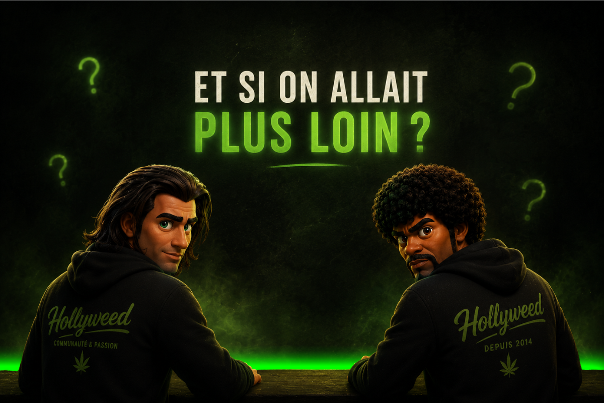 Illustration premium autour du CBD avec deux enquêteurs vus de dos se retournant vers le lecteur sous le message « Et si on allait plus loin ? » pour un dossier sur les idées reçues du CBD.