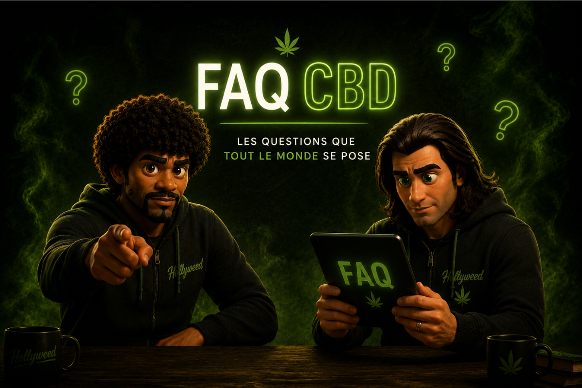 Illustration FAQ CBD avec deux enquêteurs dans une ambiance sombre vert néon, tablette FAQ et questions fréquentes sur le cannabidiol.